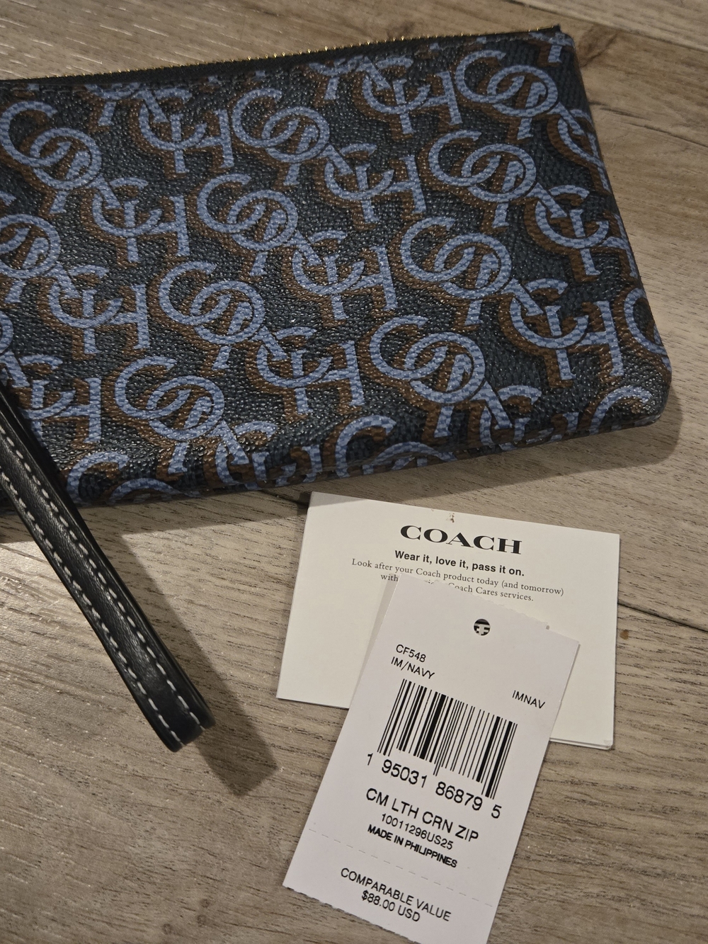 Coach Navy and Brown Signature Canvas Wristlet Pouch